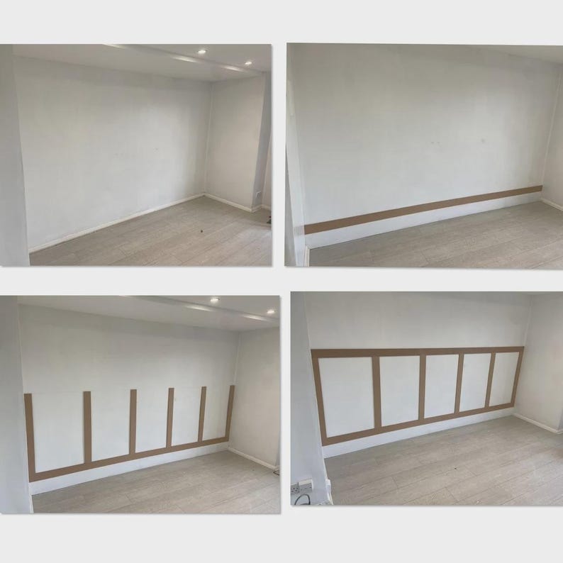 May include: Four-panel image sequence showing a room with white walls and light wood flooring. The images depict the installation of decorative wooden trim on the walls, progressing from a bare room to a finished design.