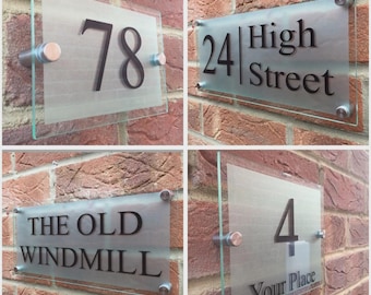 Placa de letrero de casa moderna con número de puerta, efecto vidrio de calle, acrílico, nombre de la casa