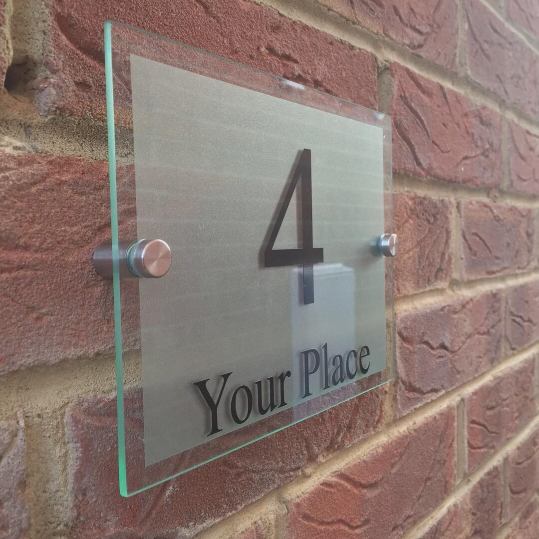 Modern House Sign Plaque Door Number Street Glass Acrylic Etched Back ...