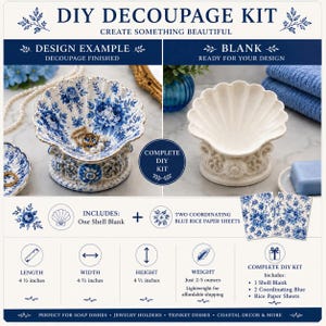 Puede incluir: Un kit de manualidades para decoupage que incluye una pieza en forma de concha, dos hojas de papel de arroz con motivos florales azules e instrucciones. La pieza mide 11,43 cm de largo, ancho y alto. El texto incluye DIY DECOUPAGE KIT.