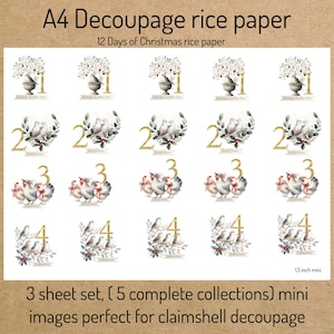 May include: A4 decoupage rice paper sheet with mini images for claimshell decoupage. The sheet features images for the 12 Days of Christmas, including partridges, doves, hens, and birds. The text "12 Days of Christmas rice paper" is at the top.