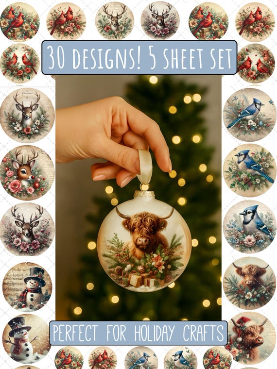 Christmas Animal & Winter Bird Ornament Bundle – 5 Sheet Set (A4 Rice Paper, 30 Designs)