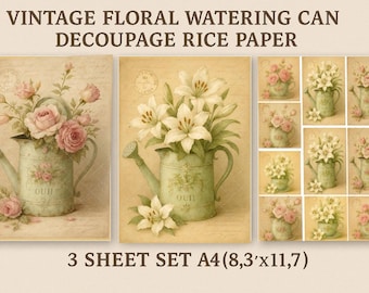 Vintage Floral Watering Can Rice Paper - Decoupage Paper Set (3 A4 Sheets)