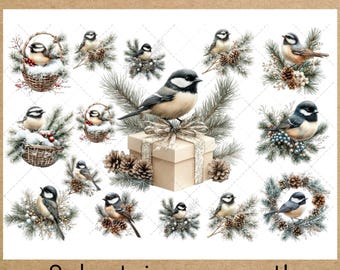 Chickadee Christmas Rice Paper: A4 Decoupage Sheets, Winter Bird Clipart