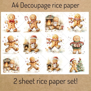 May include: A sheet of A4 Decoupage rice paper featuring watercolor illustrations of gingerbread people. The gingerbread men are decorated with icing and accessories. The text "2 sheet rice paper set!" is also visible.