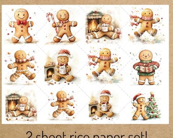 Gingerbread Christmas Rice Paper: A4 Decoupage Paper - Watercolor Style