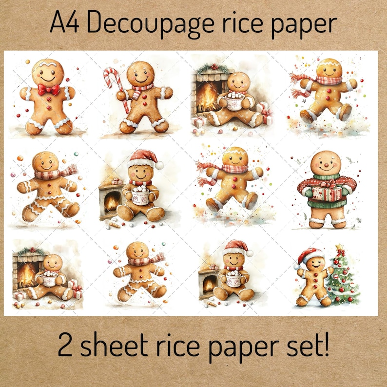 May include: A sheet of A4 Decoupage rice paper featuring watercolor illustrations of gingerbread people. The gingerbread men are decorated with icing and accessories. The text "2 sheet rice paper set!" is also visible.
