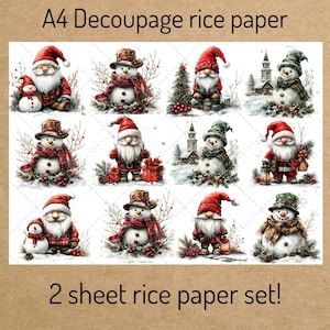 Vintage Christmas Rice Paper: Santa, Snowman, Gnomes - 2 Sheet Set.