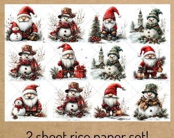 Vintage Christmas Rice Paper: Santa, Snowman, Gnomes - 2 Sheet Set.