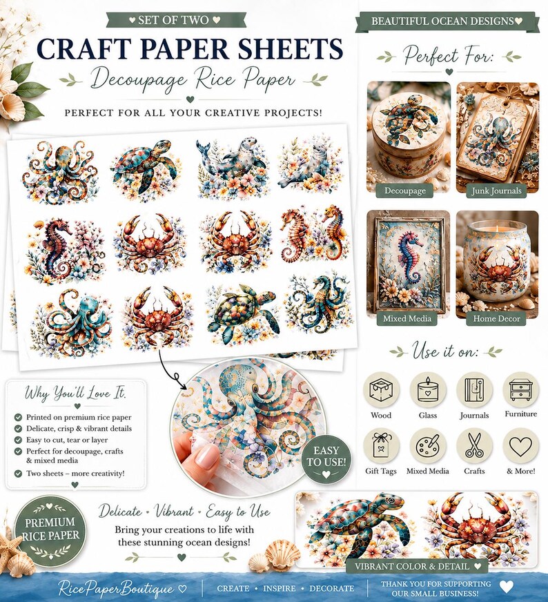 Coastal Sea Life Rice Paper for Decoupage, Ocean Animals, Floral Craft ...