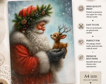 Vintage Santa & Reindeer Rice Paper: Christmas Craft Décor (A4)