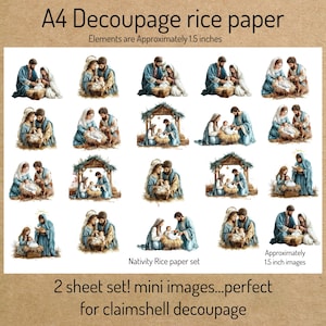 May include: A4 decoupage rice paper sheet with multiple mini images of the Nativity scene. Each image is approximately 1.5 inches. The images depict Mary, Joseph, and baby Jesus in a manger. The text reads "Nativity Rice paper set".