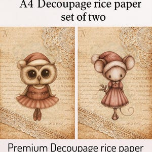 Christmas owl, and mouse decoupage rice paper, vintage style holiday craft paper A4 rice paper for decoupage and mixed media