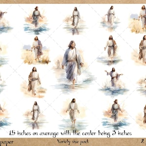 May include: A variety pack of watercolor images of a figure in flowing robes walking on water. The images are printed on K4 rice paper. The average size is 1.5 inches, with the center image being 3 inches. The text says "Variety size pack" and "2 page set!"
