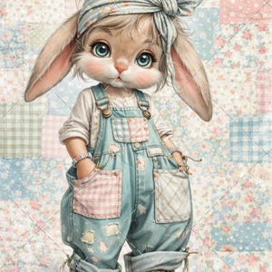 May include: A charming illustration of a bunny wearing a blue denim overall with pink and white checkered pockets, a white shirt, and a floral headband. The bunny has large blue eyes and is wearing brown sneakers. The background is a patchwork of floral and checkered patterns.