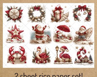 Christmas Beach Decoupage Rice Paper: Seaside Holiday Craft - A4