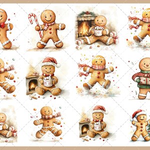 May include: Watercolor illustrations of gingerbread men in various festive poses. Some hold candy canes, wear scarves, or sit near fireplaces. One holds a gift, and another is near a Christmas tree. The illustrations have a warm, inviting feel.