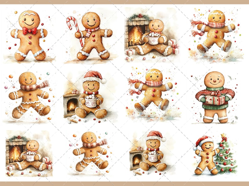 May include: Watercolor illustrations of gingerbread men in various festive poses. Some hold candy canes, wear scarves, or sit near fireplaces. One holds a gift, and another is near a Christmas tree. The illustrations have a warm, inviting feel.