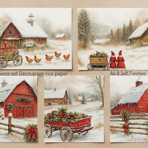 5 pack, Christmas decoupage rice paper, vintage rice paper, farmhouse rice paper, A4 decoupage paper set, rustic horse rice paper A4