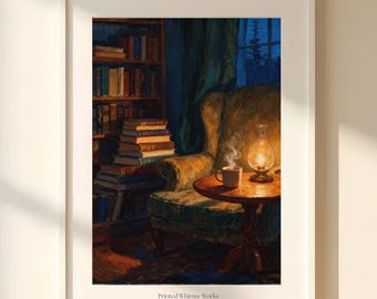 Può includere: Una stampa d'arte incorniciata intitolata Printed Whimsy Works che raffigura una stanza accogliente con una libreria piena di libri, una poltrona verde, un tavolino rotondo in legno, una tazza fumante e una lampada a olio.