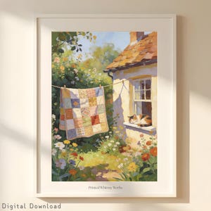 コテージガーデンキルトウォールアート - リビングルーム用パッチワークプリント