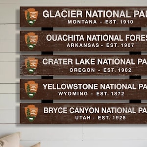 Customize these wood National Park signs, rustic and weathered mountain cabin decor, national treasures, distressed vintage replica signs