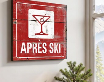Letrero rústico de madera personalizado para después de esquiar - Decoración para cabañas y refugios de montaña.