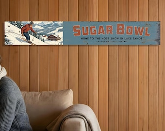Letrero de la estación de esquí Sugar Bowl, decoración vintage de cabaña de madera rústica y refugio de esquí.