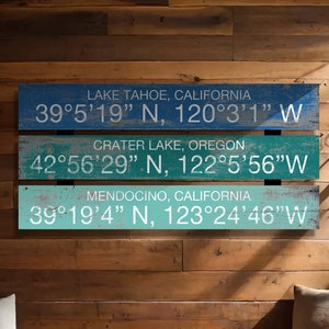 Personalized Coordinates Wood Sign, Rustic Memory Wall Decor, Vintage Adventure Destination