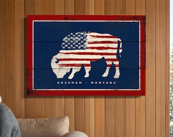 Letrero personalizado de bisonte de Bozeman, Montana - Decoración rústica de madera para cabañas de destino