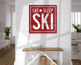 Custom eat sleep ski rustic wood sign, weathered and woodsy style - perfect for cabin or Airbnb, gift for skiers, snowboarders, and families