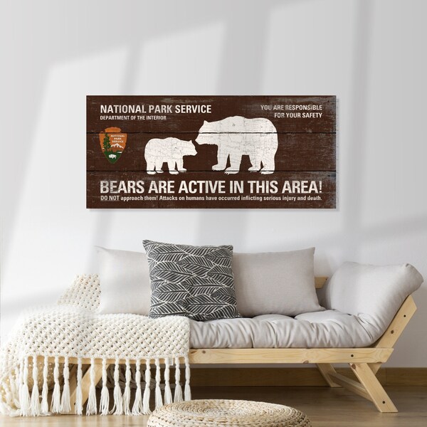 Bear Warning National Park Distressed Wood Sign, Perfect for Rustic Cabin Decor, oversized Airbnb Wall Art, Unique Housewarming Gift