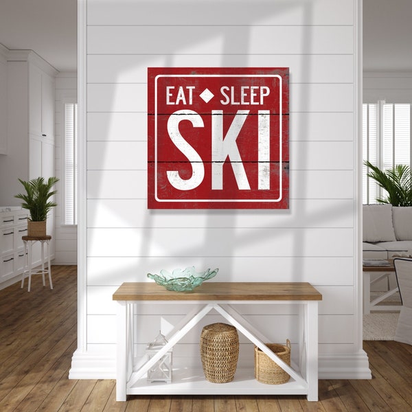 Custom eat sleep ski rustic wood sign, weathered and woodsy style - perfect for cabin or Airbnb, gift for skiers, snowboarders, and families