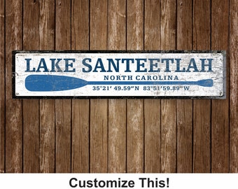 Custom rustic wood lake sign with coordinates, perfect personalized gift, distressed vintage home decor for your cabin, beach or lake house