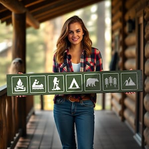 Personalized Camp & Recreation Symbols Sign – Rustic Distressed Wood Cabin and Lodge Decor