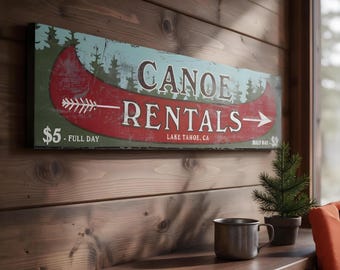 Personalized Canoe Rentals Wood Sign – Rustic Vintage Style Lake Tahoe Cabin Decor