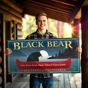 Personalize this wood sign, black bear canoe company, weathered and rustic cabin decor, mountain inspired woodsy home decor, vintage replica