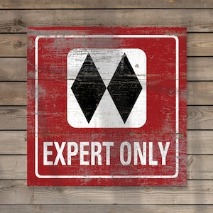 Custom expert only ski trail sign, rustic and weathered cabin and Airbnb decor, large distressed wall art, unique family gift