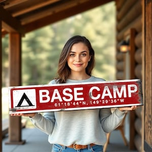 Customize this wood sign, base camp, GPS coordinates, weathered and distressed cabin decor, rustic vintage replica feel, mountain decor