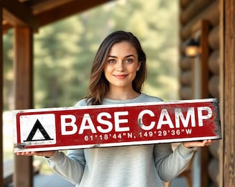 Personalized this wood sign, base camp, GPS coordinates, weathered and distressed cabin decor, rustic vintage replica feel, mountain decor