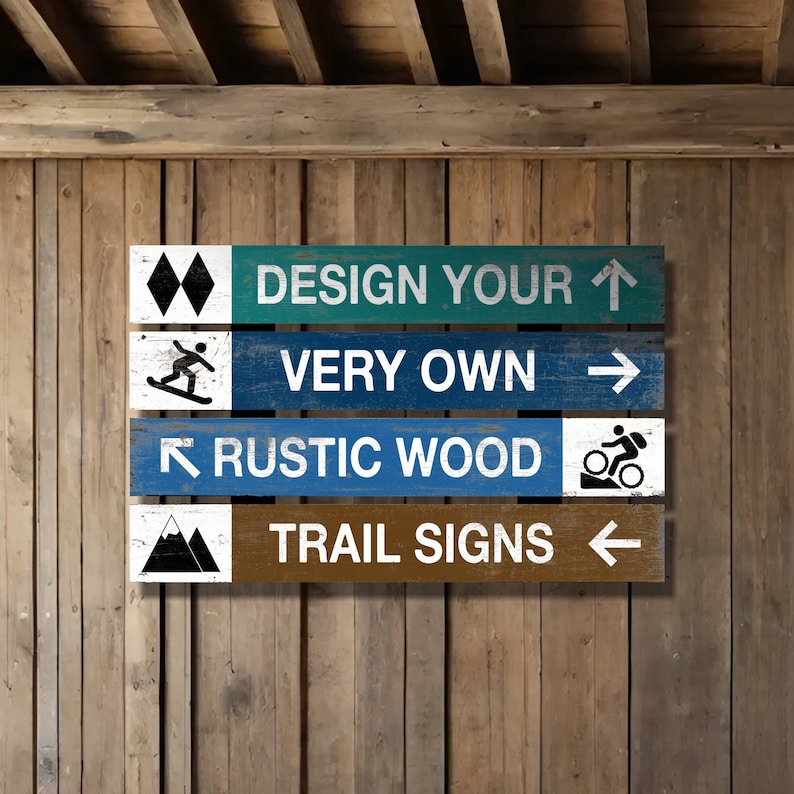 Custom ski trail signs, rustic and woodsy trail markers with a distressed vintage style perfect for an old lodge, ski cabin or Airbnb