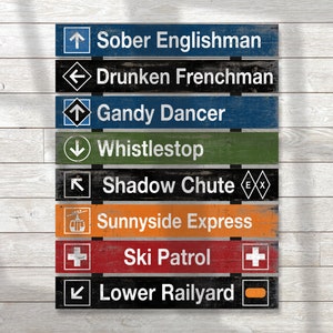Custom ski trail signs, rustic and woodsy trail markers with a distressed vintage style perfect for an old lodge, ski cabin or Airbnb