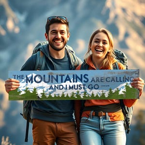 May include: Two people are holding a blue and white sign with the text "The Mountains Are Calling And I Must Go - John Muir". The sign has a rustic woodgrain background and green trees.