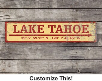 Custom rustic wood lake sign with coordinates, perfect personalized gift, distressed vintage home decor for your cabin, beach or lake house