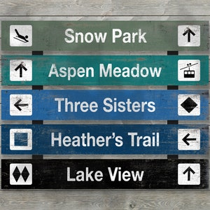 Custom ski trail signs, rustic and woodsy trail markers with a distressed vintage style perfect for an old lodge, ski cabin or Airbnb