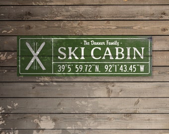 Custom wood ski cabin sign, family name, coordinates and established date, perfectly distressed vintage style, woodsy cabin decor