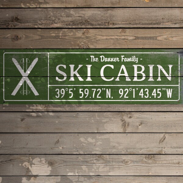 Custom wood ski cabin sign, family name, coordinates and established date, perfectly distressed vintage style, woodsy cabin decor