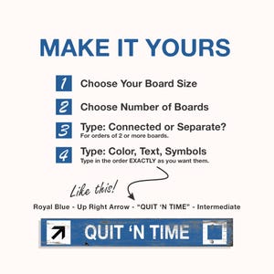 May include: A graphic with instructions on how to customize a sign. The text reads "MAKE IT YOURS" with numbered steps for choosing board size, number of boards, type, and color. A sample sign is shown with the text "QUIT 'N TIME".