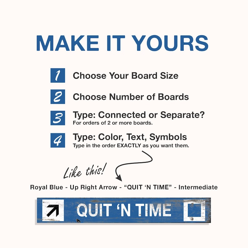 May include: A graphic with instructions on how to customize a sign. The text reads "MAKE IT YOURS" with numbered steps for choosing board size, number of boards, type, and color. A sample sign is shown with the text "QUIT 'N TIME".