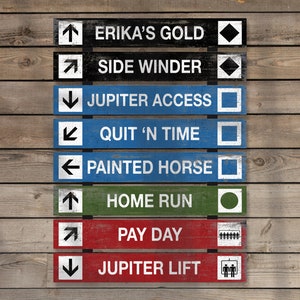Personalized ski trail signs, rustic and woodsy trail markers with a distressed vintage style perfect for an old lodge, ski cabin or Airbnb image 1